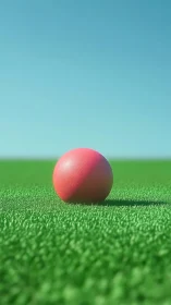 Textured pink sphere on synthetic grass under clear gradient sky