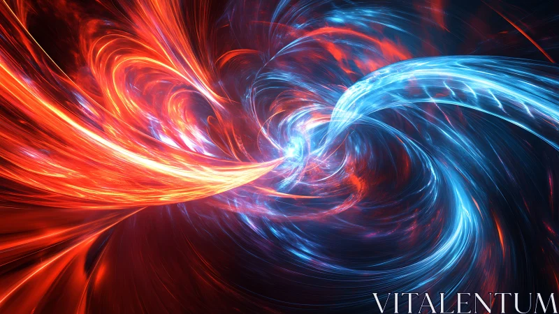 Red and blue energy streams swirling in abstract vortex.