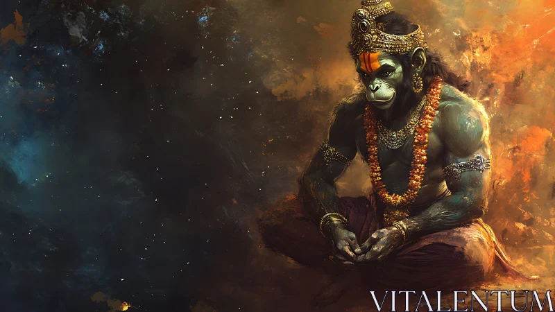 Digital painting of mythic simian deity in meditative repose.