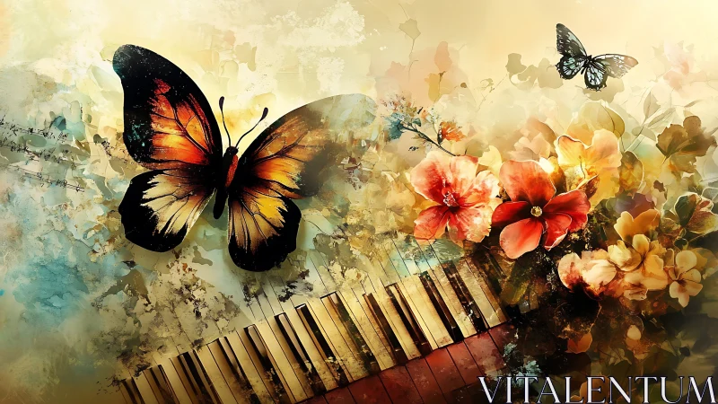Butterfly sonata over blooming piano keys in flight.