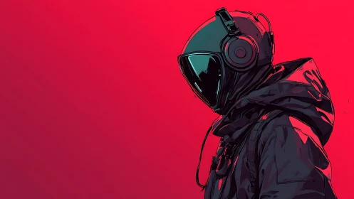 Hooded audiophile astronaut profile on neon magenta field.