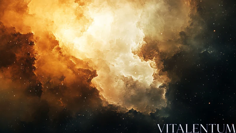Stellar nebula cloud glows with golden ionized gases.