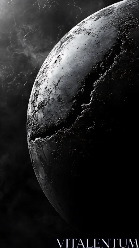 Cracked metallic planet looms in a stark cosmic shadow.