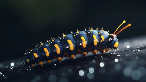 Midnight glow caterpillar on a sparkling rainy path.