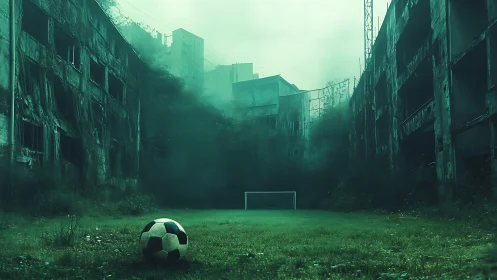Abandoned urban soccer field lies silent in green mist.