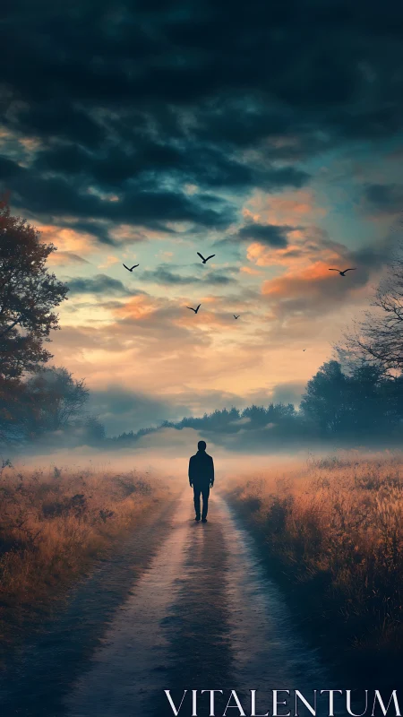 Soft dawn light welcomes a lone walker on a misty country path