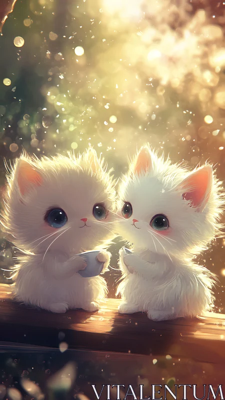 Two Adorable White Kittens Glowing in Magical Golden Light