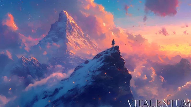 Skyline wanderer crowns a firelit summit at aurora dusk.