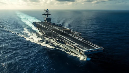 Photoreal seascape of modern aircraft carrier under way.