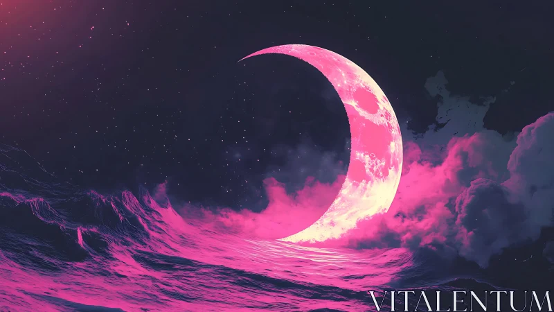 Crescent moon rises from neon pink ocean under star field
