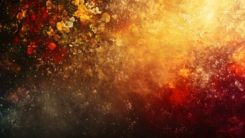 Abstract floral textured painting with warm gold and red hues.