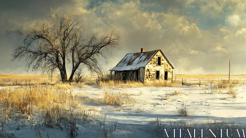 Abandoned farmhouse stands in snowy field beside bare tree