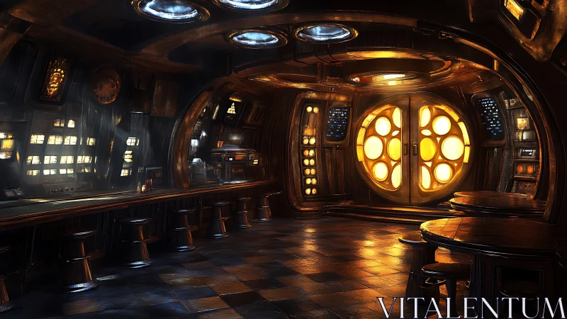 Retro sci fi bar interior with glowing circular door.