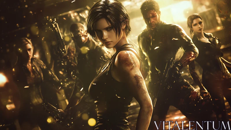 Battle-scarred squad stalks through molten urban afterglow.