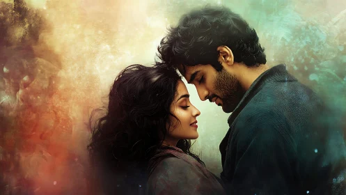 Two figures positioned closely with warm and cool color grading.