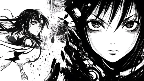 Ink-splintered warrior gaze in monochrome storm of resolve.