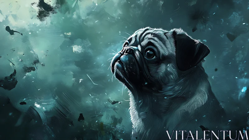 Digital pug portrait in blue abstract textured space.