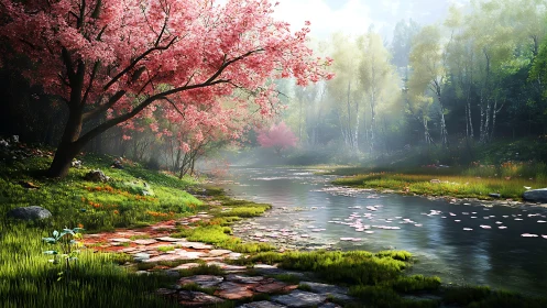 Spring blossoms drift over a tranquil forest riverside