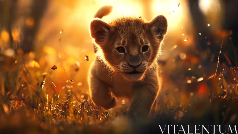 Sunlit savanna mischief as a lion cub charges the dawn.