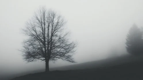 Leafless deciduous tree on fog-covered hillside landscape.