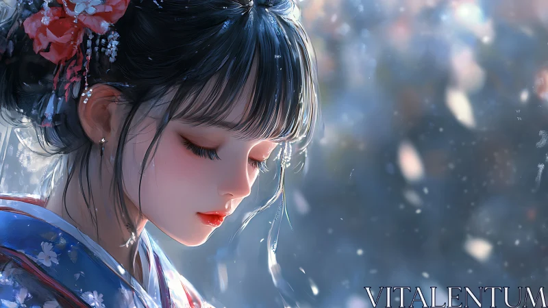 Digital painting portrait of serene girl in soft bokeh field.