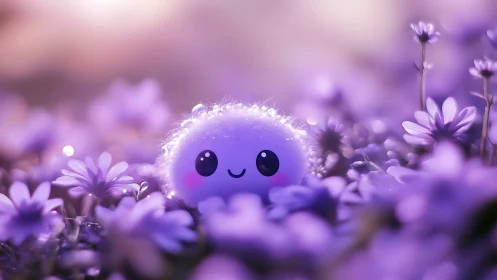 Moonlit puffball smiles amid dreamy violet blossoms.