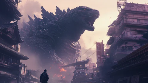 Dramatic kaiju towers over a misty city street at dawn