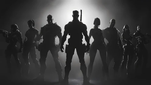 Silhouetted tactical squad stands united in cinematic light