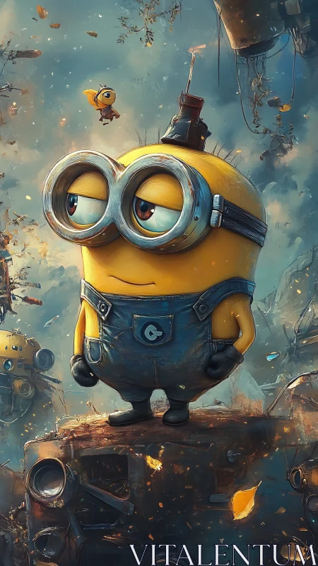 Melancholy yellow robot surveys a chaotic scrapyard sky.