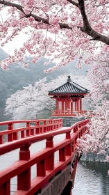 Scarlet shrine bridge drifting through pale cherry clouds.