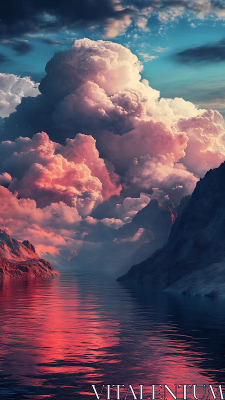 Crimson cloud tides over dream-forged mountain fjord.