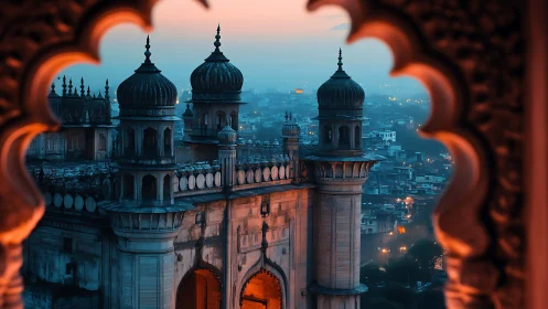 Quiet twilight over domed cityscape through ornate archway.