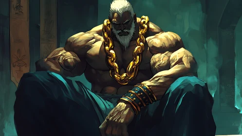 Muscular elder warrior seated with heavy gold chain.
