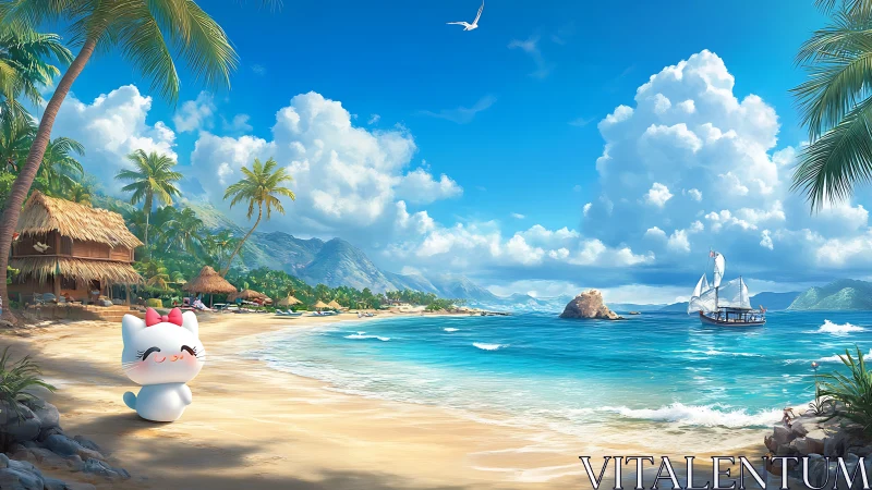 Kawaii Cat Character Inhabits Tropical Paradise Beach Landscape