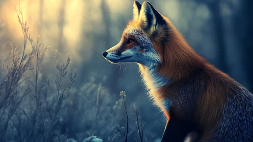 Fox in frosted meadow under cold golden sunrise glow.