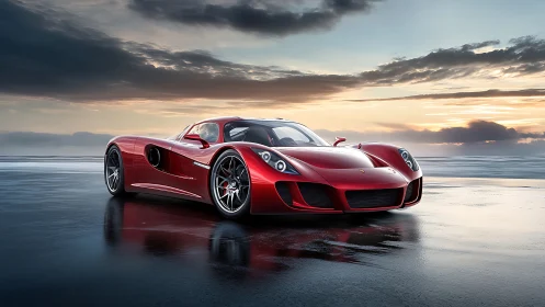 Aerodynamic crimson hypercar on reflective coastal wetland.