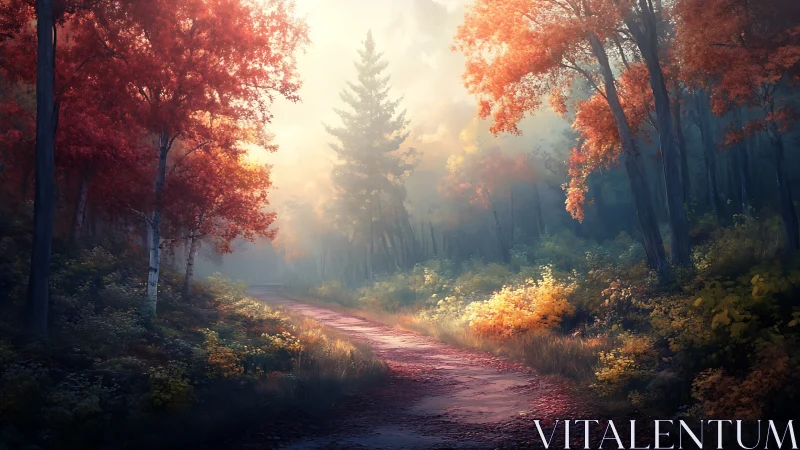Autumn Forest Road Through Golden Mist.