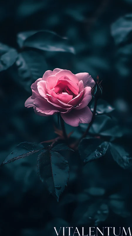 Pink Rose Against Moody Teal Background.