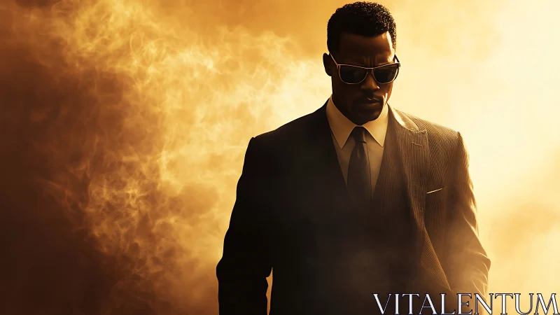 Man in dark suit walks through dense golden smoke cloud