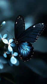 Blue butterfly on pale blossoms in moody close-up portrait.