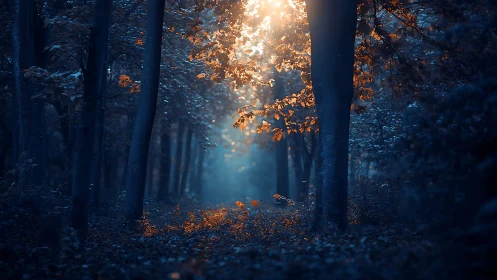 Golden Light Breaks Through a Misty Forest Path