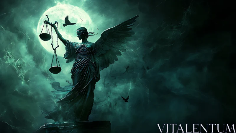 Winged blindfolded justice statue before full moon.