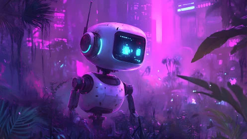 Curious little robot wandering a neon jungle twilight.