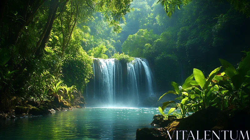 Lush jungle waterfall pours into a tranquil turquoise lagoon.