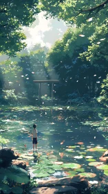 Quiet boy wades through a leaflit shrine pond of daydream light.