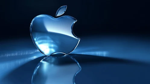 Glass apple logo sculpture reflects cool blue studio light.