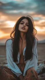 Sunlit beach portrait in warm cinematic sunset tones.