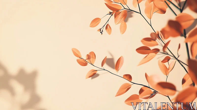 Minimalist branch with orange leaves on beige background, soft light.