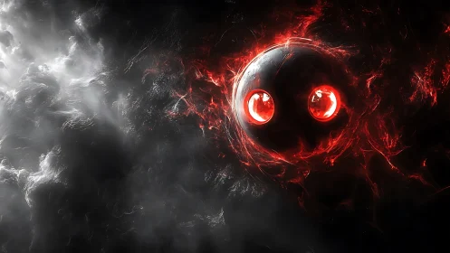 Glowing red orb gazes out from swirling cosmic shadow