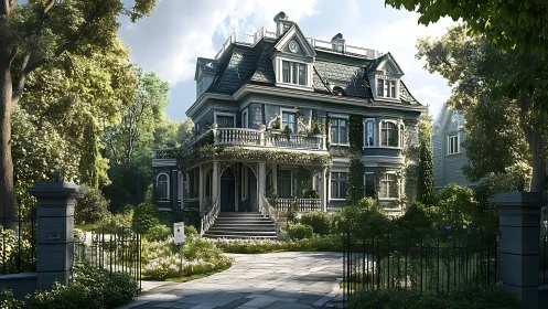 Victorian manor villa glows amid lush landscaped garden.